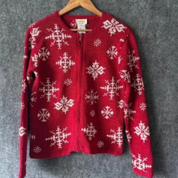 Talbots Hand Knit Womens Small Red Snowflake Cardigan Full Zip Sweater Christmas - Picture 1 of 10
